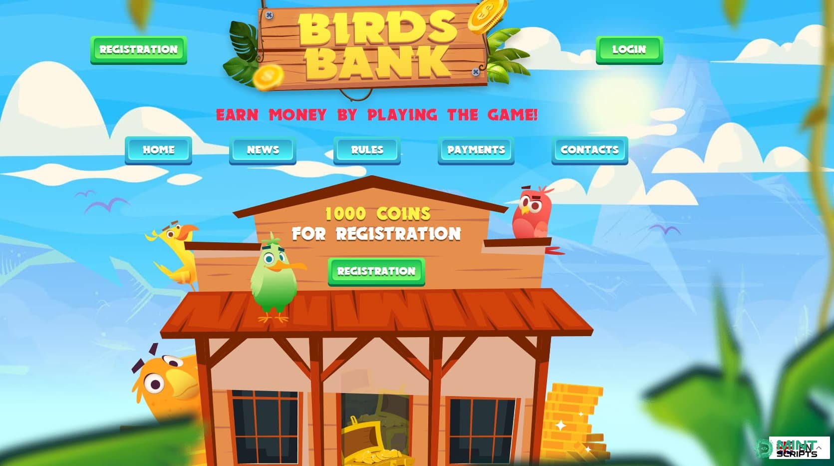 Главная страница регистрации скрипта Birds Bank