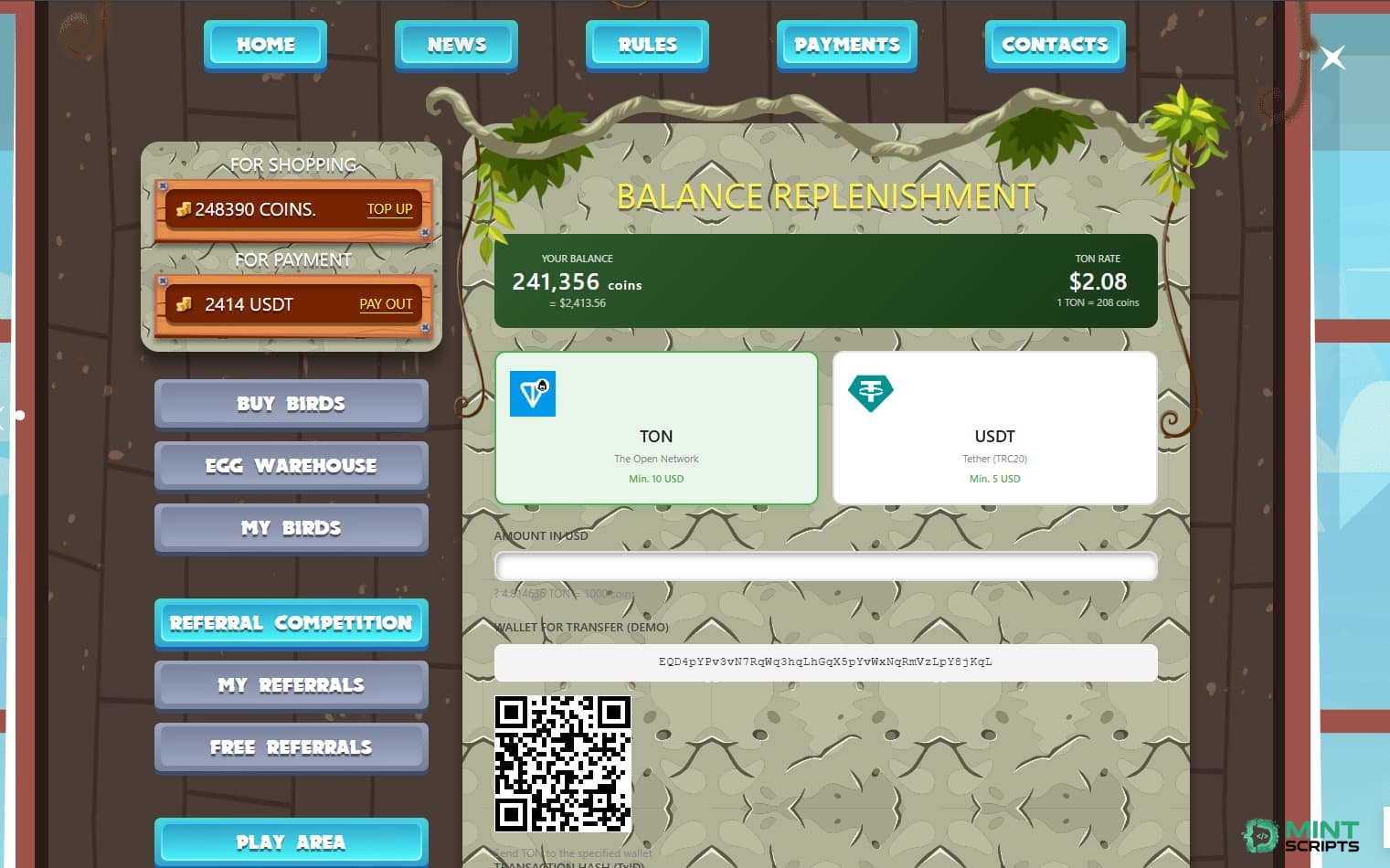 Интерфейс пополнения баланса TON и USDT в Birds Bank